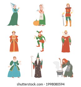 Fabulous Medieval Character from Fairytale with Cinderella and Fairy Vector Set