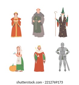 Fabulous Medieval Character from Fairytale with Cinderella with Shoe, King and Queen with Crown, Knight, Monk and Wizard Vector Set