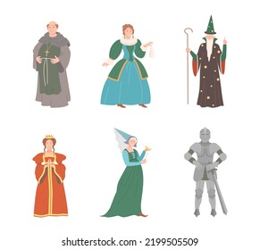 Fabulous Medieval Character from Fairytale with Magician and Kind Fairy Vector Set