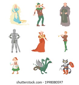 Fabulous Medieval Character from Fairytale with Rapunzel and Pussy in Boots Vector Set