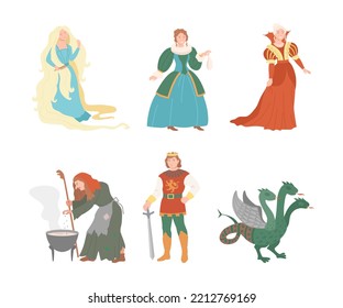 Fabulous Medieval Character from Fairytale with Rapunzel Brushing Hair, Witch, Fire Breathing Dragon, Prince and Princess Vector Set