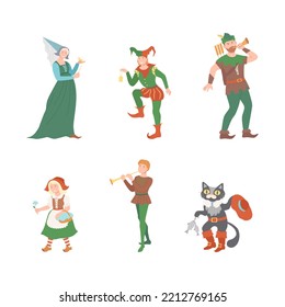 Fabuloso personaje medieval de cuento de hadas con capucha roja, pussy en botes, Robin Hood, madrina lechera y Jester Vector Set