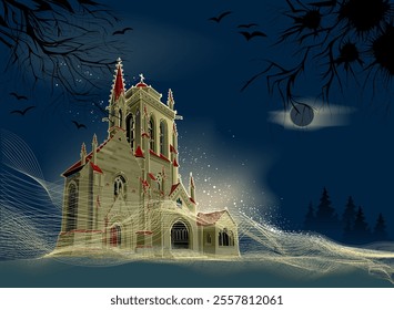 Fabulous medieval gothic kingdom at night. Illustration of fantasy fairy tale environment. Cover for kids book. Background for computer game, wallpaper, decoration, theater scenery. Vector drawing.