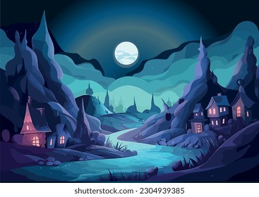 Fabulous moonlit night, path to the mountains, cozy light in the windows of houses. Vector illustration. Background.