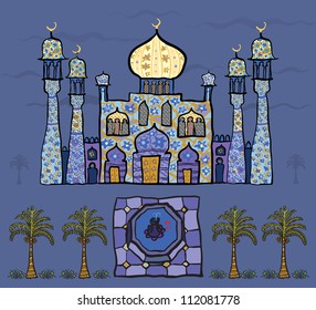 Fabulous mosque with golden dome and minarets with crescent, a fountain with goldfish, and palm trees