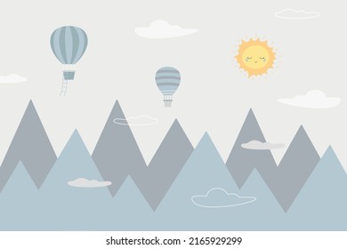 Fabulous mountain landscape with balloons flying over the mountains. Beautiful photo wallpapers for children's room. Vector illustration