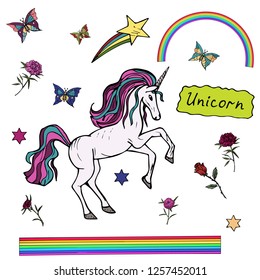 Fabulous multicolored unicorn, flowers, butterflies, rainbow on a white background. Isolated objects. The mythical horse.