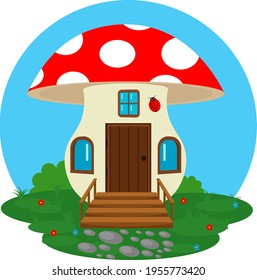 Fabulous mushroom house on the meadow. Vector illustration of the house of small creatures.