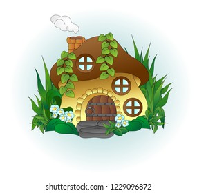 fabulous mushroom house with round windows and stone steps among the grass