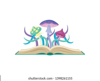 Fabulous mushrooms with purple, blue hats and yellow spots. Vector illustration on white background.