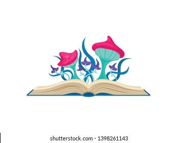 Fabulous mushrooms with red hats on blue legs. Vector illustration on white background.