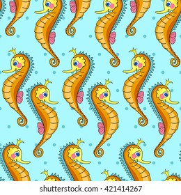 Fabulous nautical pattern with a fun orange sea horses.Vector illustration for children. Can be used for fabric,textile,wrapping paper.