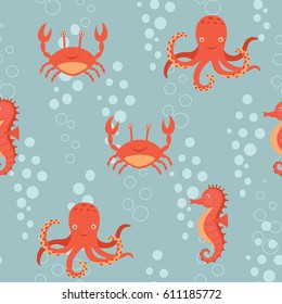 Fabulous nautical pattern with a fun orange sea horse, crab, octopus.