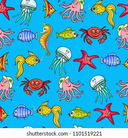 Fabulous nautical pattern with orange sea horse, crab,jellyfish,octopus,starfish on blue  background.Vector illustration for children.Can be used for fabric,textile,wrapping paper.