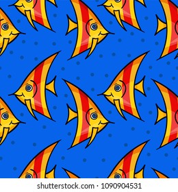 Fabulous nautical seamless pattern with a fun fish on a blue background.Vector illustration for children.Kids background.Summer print for fabric,textile,wrapping paper.