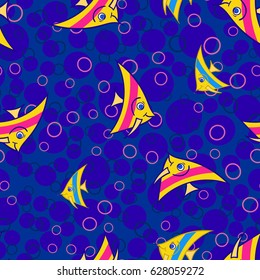 Fabulous nautical seamless pattern with a fun fish on a blue background.Vector illustration for children.Kids background.Summer print for fabric,textile,wrapping paper.