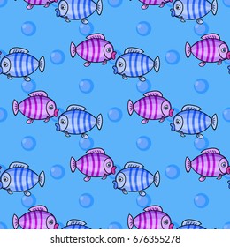 Fabulous nautical seamless pattern with a fun fish on a blue background. Vector illustration for children.Kids beautiful Summer print for fabric,textile,wrapping paper and a different design.