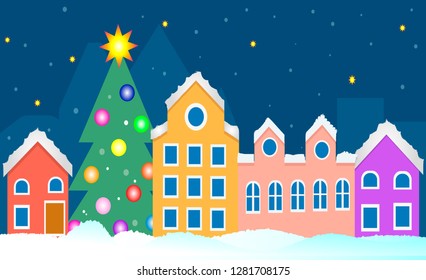 Fabulous and night city. New Year. Decorated with balls Christmas tree. Snow.