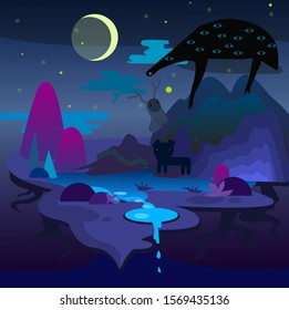 
a fabulous night in the forest when a monster crawls on a mountain