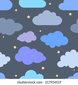 Fabulous night seamless background with colorful cartoon-like clouds and stars