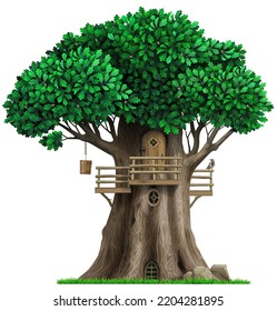 Fabulous oak tree in the form of a house. Vector graphics. Tree house