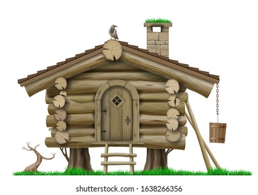 A fabulous old wooden log house on stilts. Vector. The hobbit or gnome house. Children's house