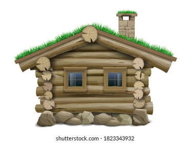 A fabulous old wooden log house on stilts. Vector. The hobbit or gnome house. Children's house