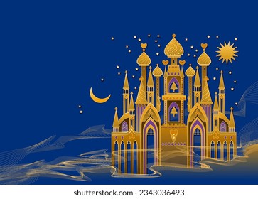 Fabulous oriental kingdom. Illustration of fantasy fairy tale environment. Cover for kids book. Background for computer game, mural wallpaper, decoration, theatrical scenery. Vector drawing.