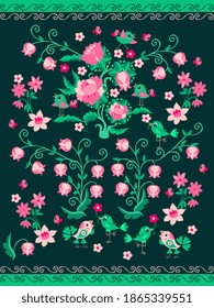 Fabulous ornament with birds, butterflies, flowering plants on a green background. Kawaii pattern for baby. Carpet, quilt, towel, wallpaper, curtain.