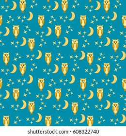 Fabulous owls on background of blue night sky.Seamless pattern with birds.Vector illustration for children.Print for cloth, fabric,textile,paper.