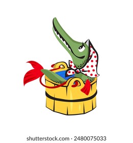 Fabulous pike fish in a wooden bucket with water. Isolated vector illustration, print