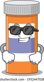 Fabulous pills drug bottle cartoon character wearing classy black glasses. Vector illustration