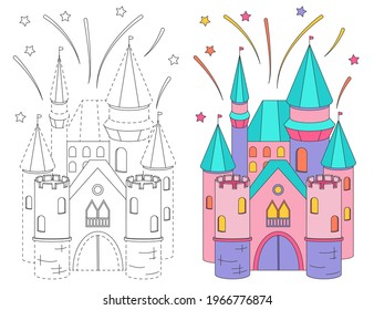 Fabulous pink castle, fireworks. Coloring book for children. The practice of handwriting. Education Development Worksheet. 