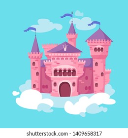 The fabulous pink palace flies in the sky and stands on a cloud. Vector illustration in cartoon style.