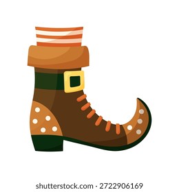 Uma fabulosa bota pontiaguda com uma fivela de ouro e dedo listrado. Ilustração de vetor desenhada à mão. Elemento de design para o Dia de São Patrício. Objeto no fundo branco.