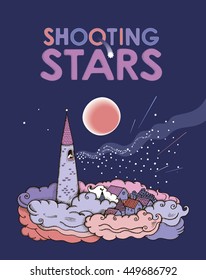 The fabulous poster with a magic tower, a city in the clouds, shooting stars and the moon in the night sky. Vector graphic illustration on a dark blue background.