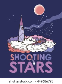 The fabulous poster with a magic tower, a city in the clouds, shooting stars and the moon in the night sky. Vector graphic illustration on a dark blue background.