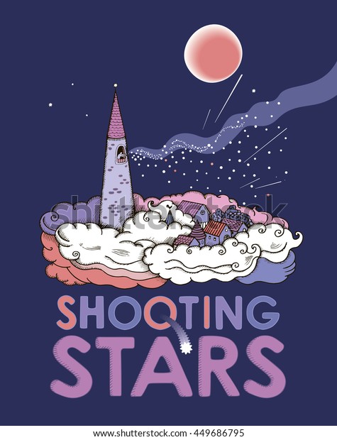 The fabulous poster with a magic\
tower, a city in the clouds, shooting stars and the moon in the\
night sky. Vector graphic illustration on a dark blue\
background.