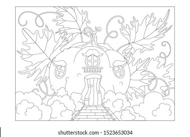 fabulous pumpkin house among the leaves. Sheet for children's coloring books. Vector