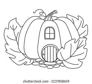 Fabulous pumpkin house coloring book. Cute contour house vector coloring page for adults and children