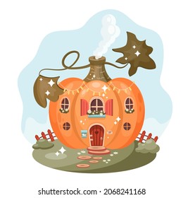 A fabulous pumpkin house for a dwarf or elf. Vector cartoon orange pumpkin with wooden door, windows and smoking chimney. Magic housing