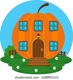 Fabulous pumpkin house on the meadow. Vector illustration of the house of small creatures.