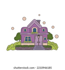 a fabulous purple house with bushes and trees