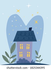 Fabulous purple house on a blue background.Romantic fairy tale landscape. Illustration for children's book. Cute Poster .
Scandinavian style .Minimalisn . Nature .