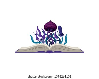 Fabulous purple toadstools with spots on the caps. Vector illustration on white background.