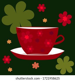 Fabulous red cup and saucer on a dark green background, with floral ornament. Vector illustration for children's books, design for home comfort stores, dishes for tea, coffee. Stock image, isolated.