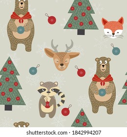 Fabulous Reindeer and Raccoon Vector Seamless Pattern. Hedgehog and Bear Fun Print. Winter Deer and Fox Wallpaper. Merry Design.