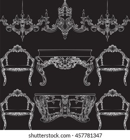 Fabulous Rich Baroque Rococo furniture set. French Luxury rich carved ornaments decorations. Vector Victorian exquisite Style ornamented wooden furniture and lamps