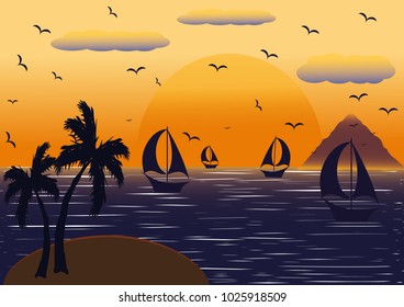 A fabulous romantic holiday in nature near the sea. Around the mountain, yachts. The enchanting sunset delighted anyone who would rest here.