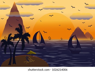 A fabulous romantic holiday in nature near the sea. Around the mountain, yachts. The enchanting sunset delighted anyone who would rest here.
